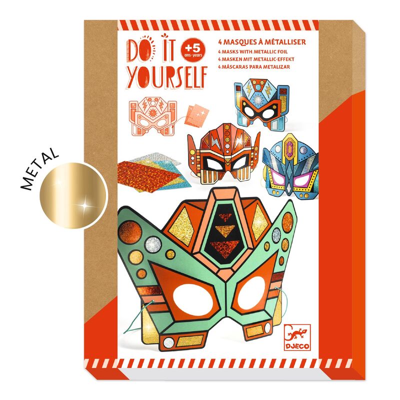 Packaging for a DIY Super Robots Masks craft kit, featuring illustrations of four colorful mask designs with metallic details and a 'Do it yourself' text.