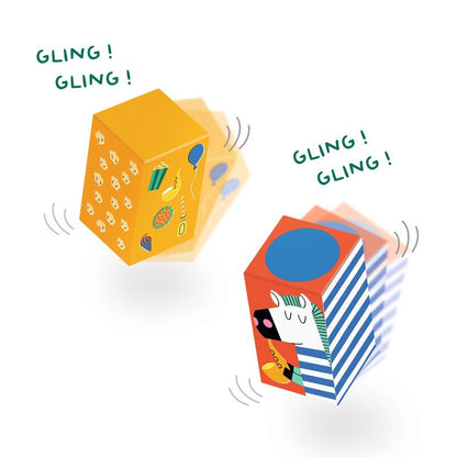 Two colorful blocks with cartoon characters and 'GLING! GLING!' text on a white background