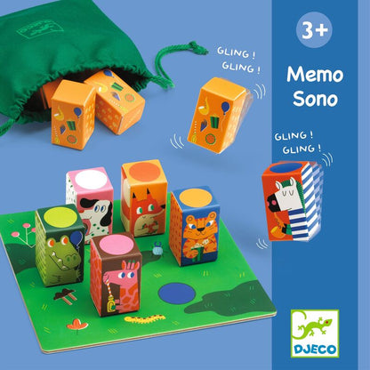 Children's toy set with colorful blocks and a green bag on a blue background, featuring the brand 'Memo Sono' and 'Djeco'.