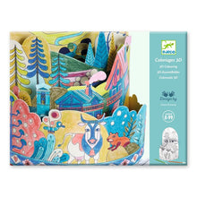 Coloring book with 3D effects packaging featuring a cow and fox illustration, brand 'DJECO' visible.