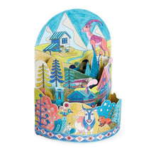 Colorful paper toy with animals and houses on a white background