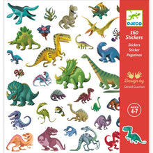 A collection of colorful dinosaur stickers of various sizes designed by Gerald Guest, suitable for children aged 4-7.