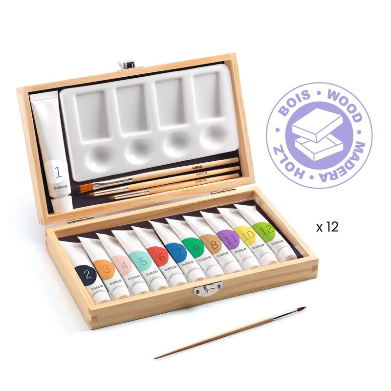 A wooden box containing 12 tubes of gouache in various colors, 3 brushes, and 1 palette, all displayed on an open lid.