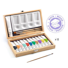 A wooden box containing 12 tubes of gouache in various colors, 3 brushes, and 1 palette, all displayed on an open lid.