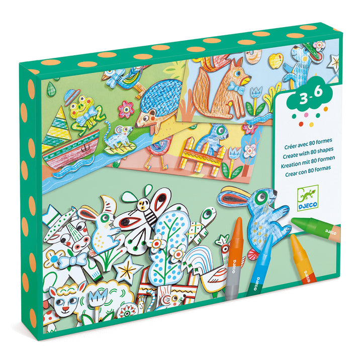 Create Shapes - Animals paper craft kit with crayons for kids ages 3 to 6 years. Designed - Djeco toys | Send A Toy