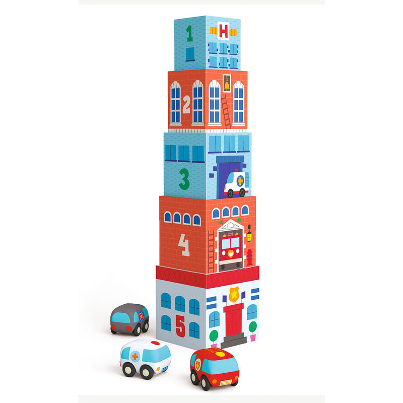 Illustrated card blocks with buildings like a fire station and a hospital, along with three soft-plastic vehicles including an ambulance, a fire engine, and a police car.
