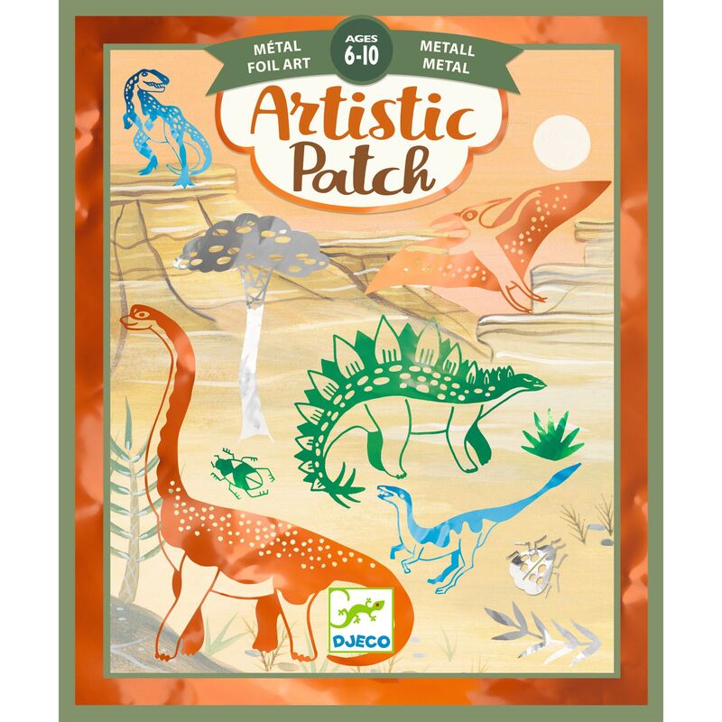 Green and brown retail box with dinosaur illustrations