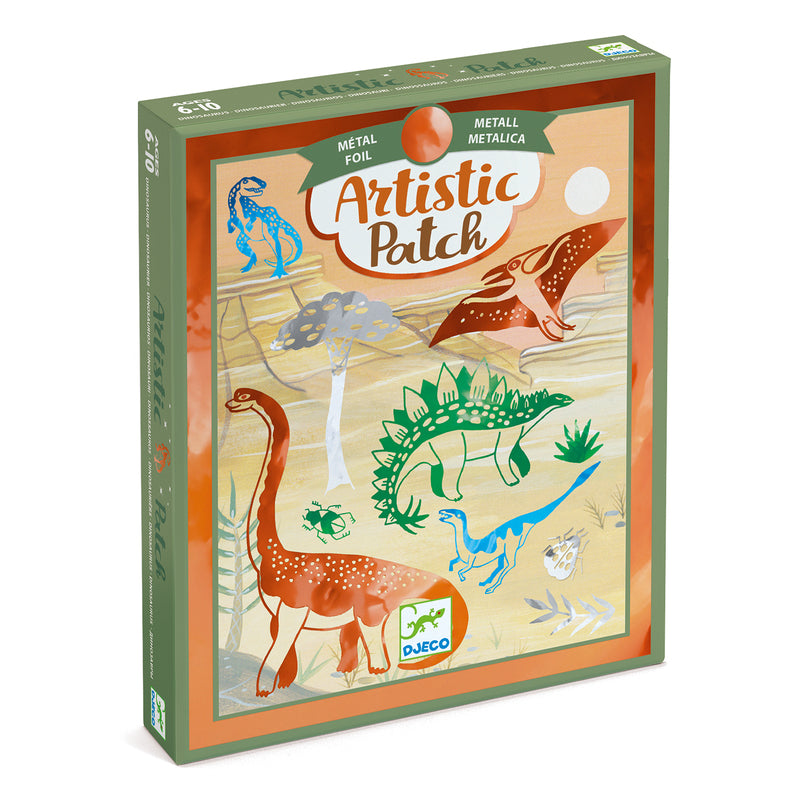A box of Djeco's Artistic Patch kit featuring metallic foil art with dinosaur motifs, designed for children.