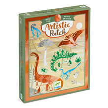 A box of Djeco's Artistic Patch kit featuring metallic foil art with dinosaur motifs, designed for children.