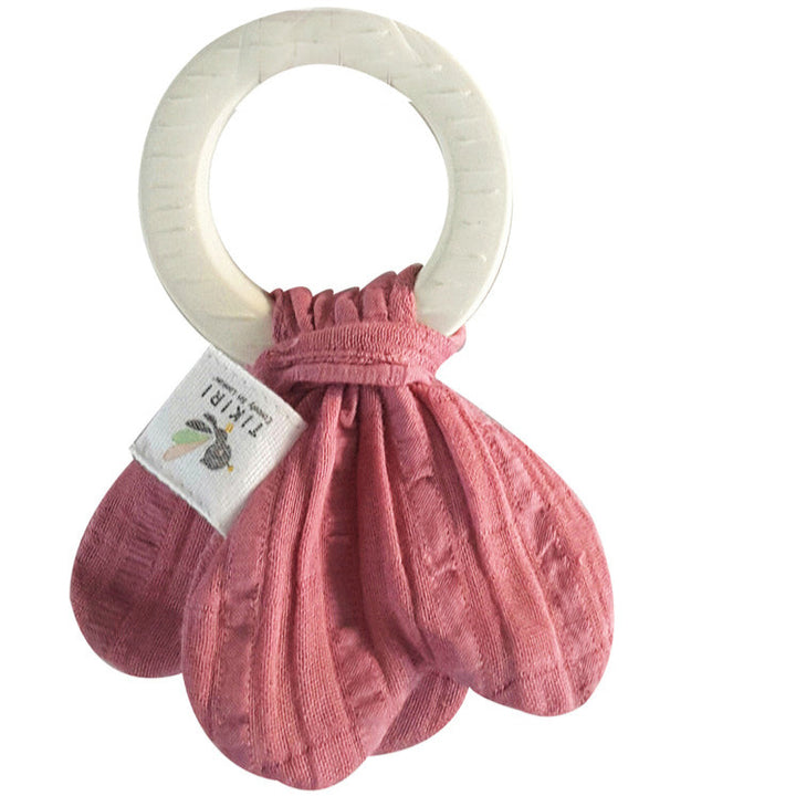 Rose Pink muslin baby teether with natural rubber rind- Tikiri Toys at Send A Toy