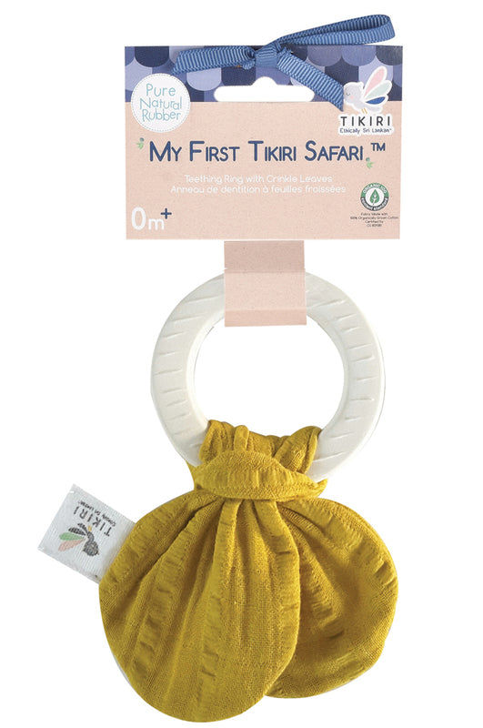 Tumeric yellow muslin baby teether with natural rubber rind- Tikiri Toys at Send A Toy