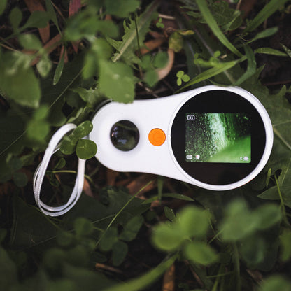 White digital magnifying device with screen on green leaves