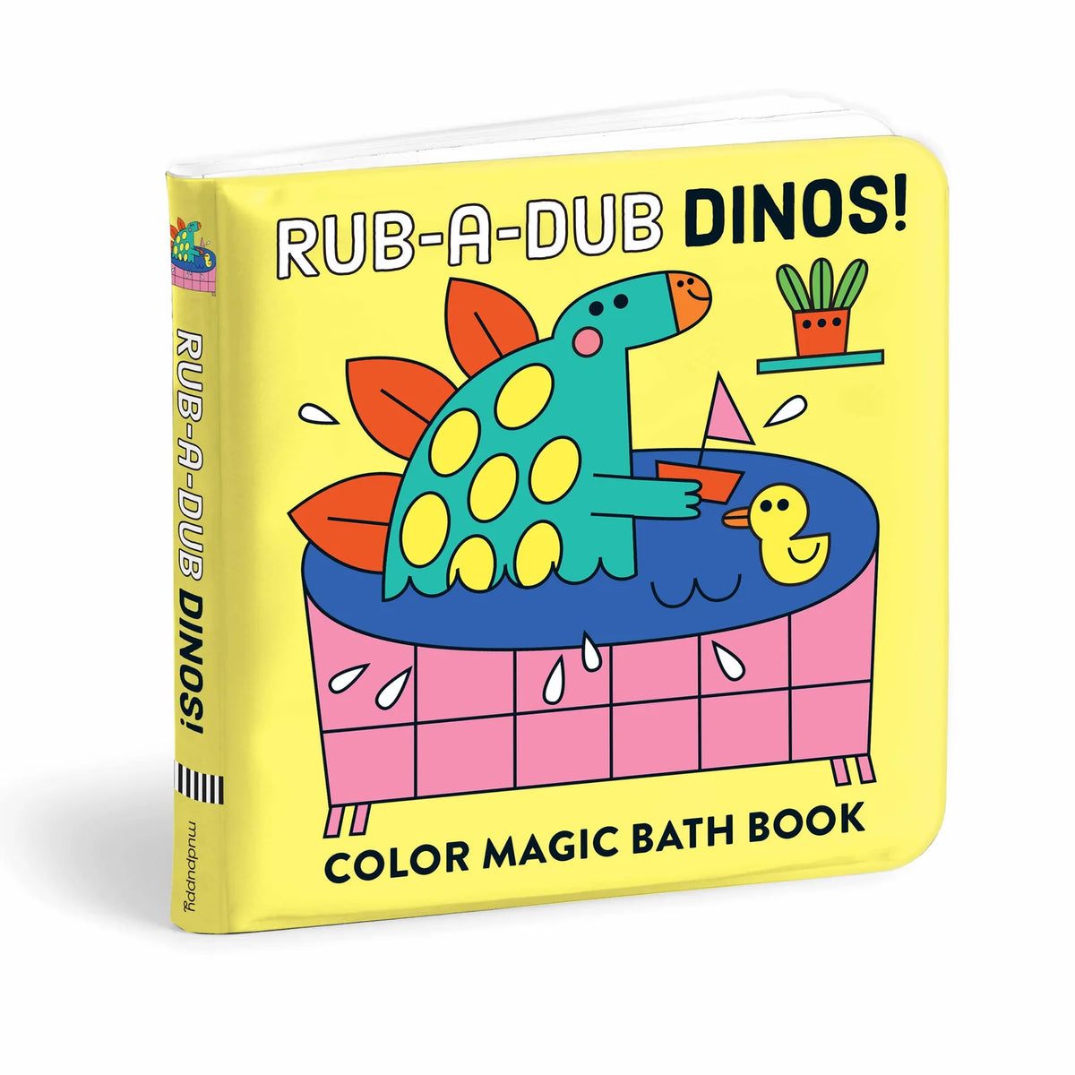 Colorful children's bath book titled 'Rub-A-Dub Dinos!' with a dinosaur and duck illustration on a yellow background.