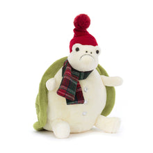 A plush toy turtle with a red knitted bobble hat and a tartan scarf.