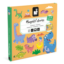A colorful book titled 'Magneti's Stories' with a dinosaur theme, featuring various cartoon dinosaurs and a magnetic backdrop, intended for children.