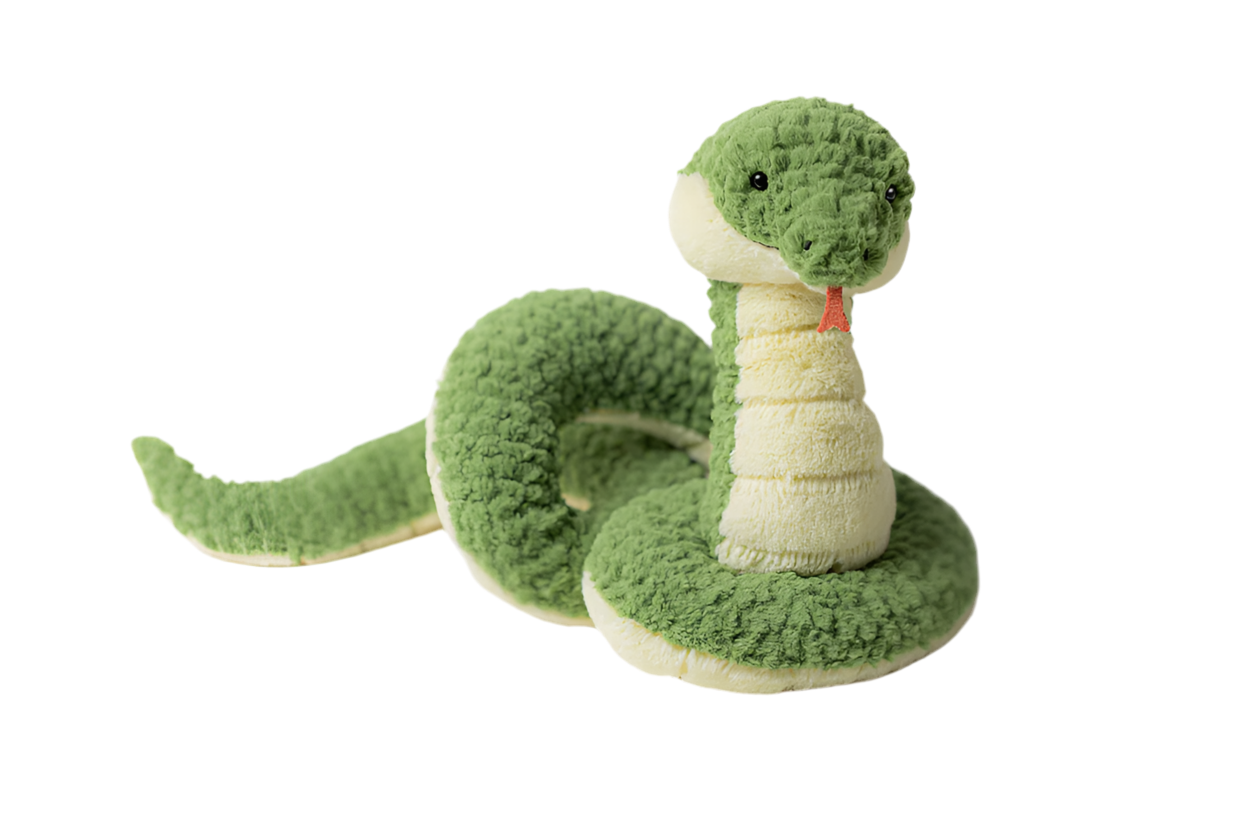 A plush toy resembling a snake with forest green and pale-yellow fur, soft textured scales, and a smiling face.
