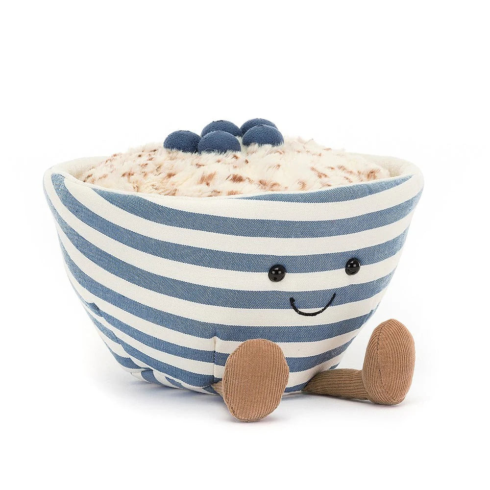 Amuseables oats soft toy - blue and white stripe bowl, fluffy oats, blue berries on top, smiling face, brown dangle legs on bowl.