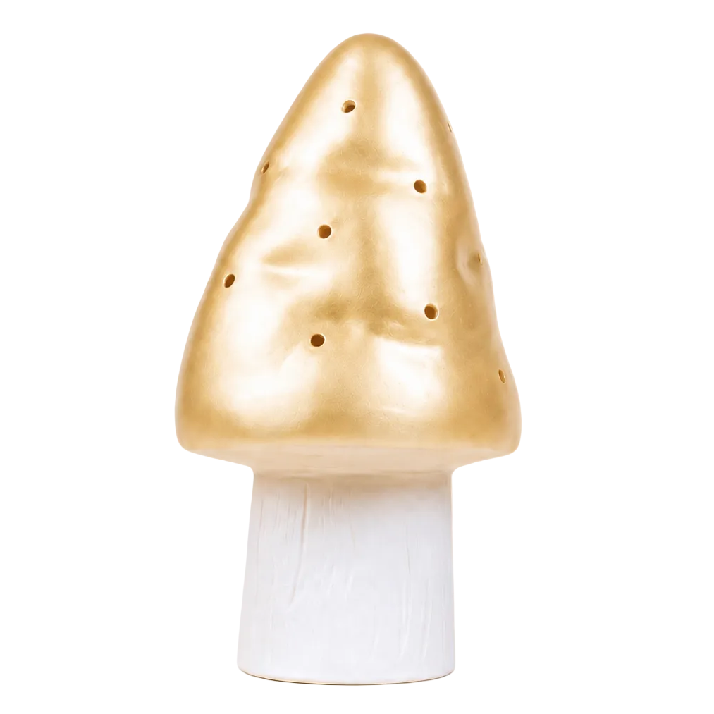 A decorative mushroom-shaped light with metallic gold cap featuring small perforation holes and a white cylindrical base, isolated on a white background.