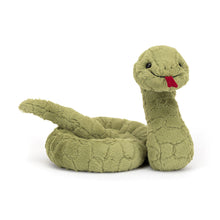 A plush toy resembling a green snake with a soft texture, featuring a red tongue and bright black eyes.