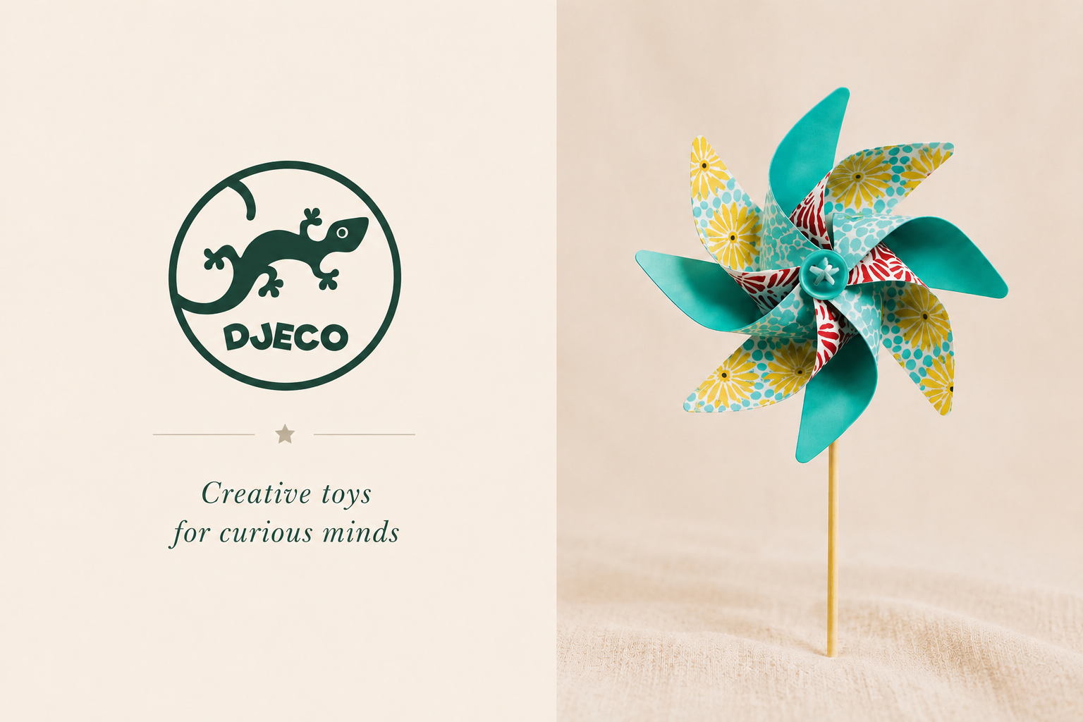 Colorful pinwheel toy with Djeco logo and tagline on a beige background