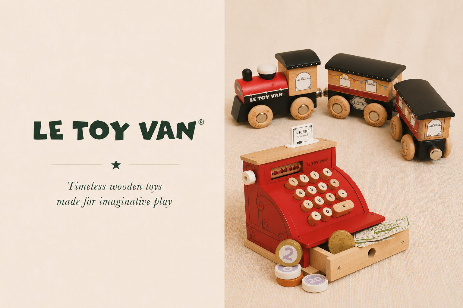 Wooden toy train and cash register with Le Toy Van branding on a beige background