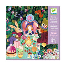Packaging for a 'Wonderland Fairy Tale to Decorate' craft kit by Djeco, featuring colorful illustrations of characters and decorative elements like decals, paper flowers, and rhinestones.