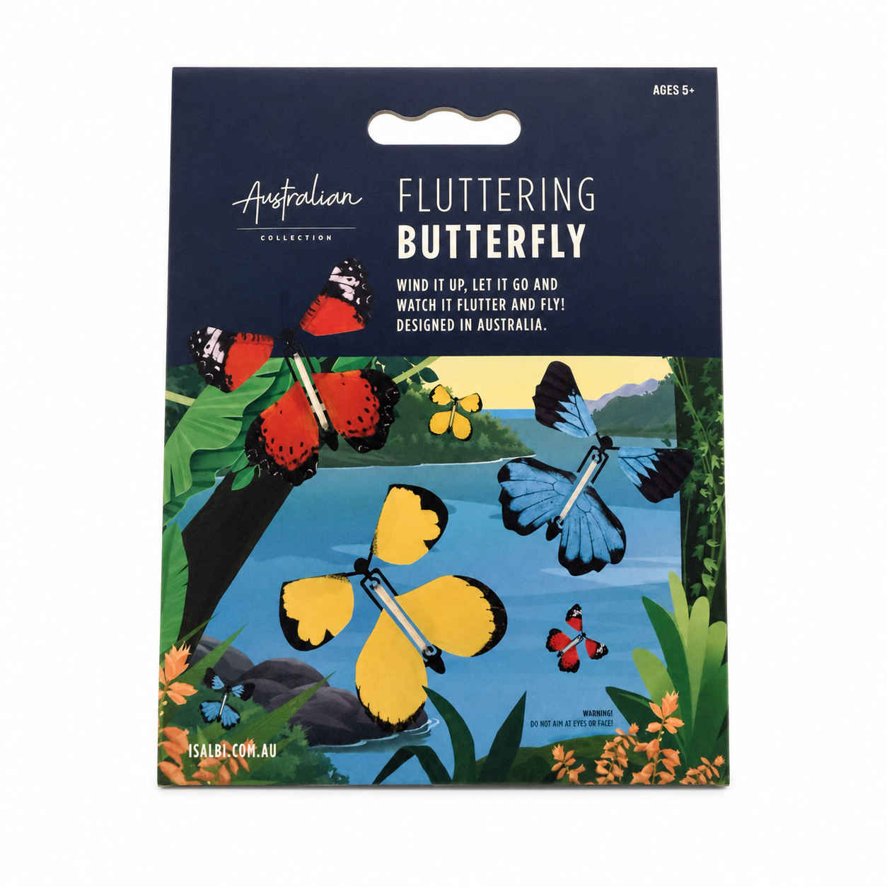 Packaged Australian Fluttering Butterfly toy on a dark navy card with colorful butterfly illustrations and the text 'FLUTTERING BUTTERFLY' and 'Australian Collection'.