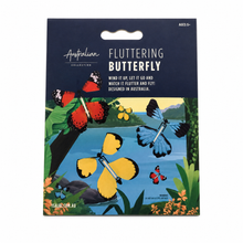 Packaged Australian Fluttering Butterfly toy on a dark navy card with colorful butterfly illustrations and the text 'FLUTTERING BUTTERFLY' and 'Australian Collection'.