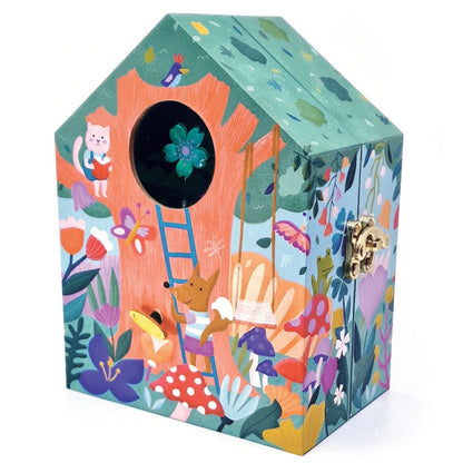 A colorful wooden birdhouse-shaped box with a whimsical forest illustration, featuring a round birdhouse window, a small ladder, a fox, a cat, and a gold clasp on a white background.