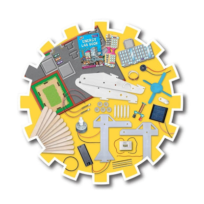 Educational STEM tools and components arranged on a yellow gear-shaped background