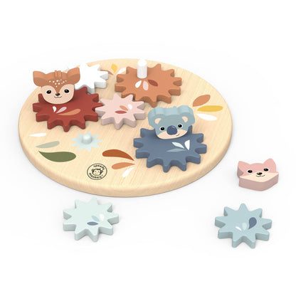 Wooden puzzle with animal-shaped gears on a white background