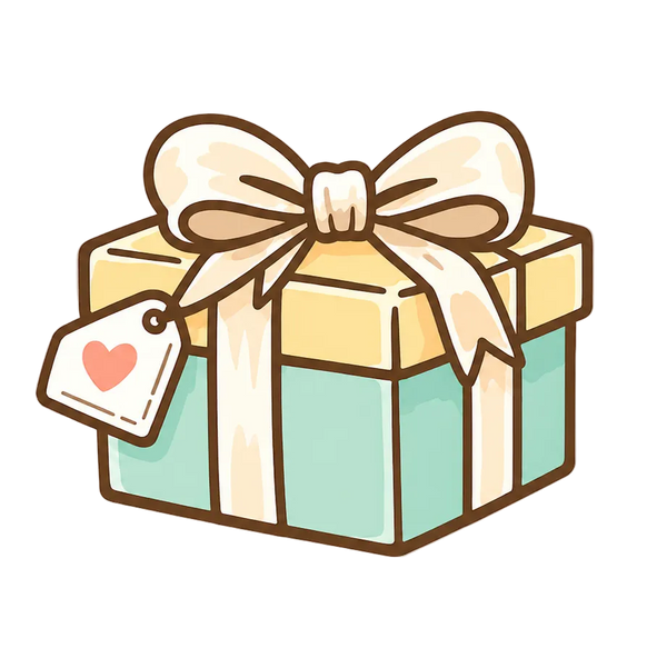 Illustration of a gift box with a bow and heart tag on a white background