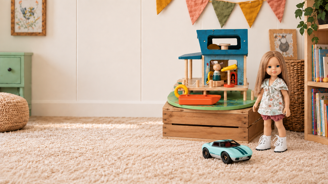 A doll standing in a styled children's room next to a wooden toy workshop playset on a crate, with a small toy car in front. The room has a beige carpet, a green side cabinet, and colorful bunting on the wall.