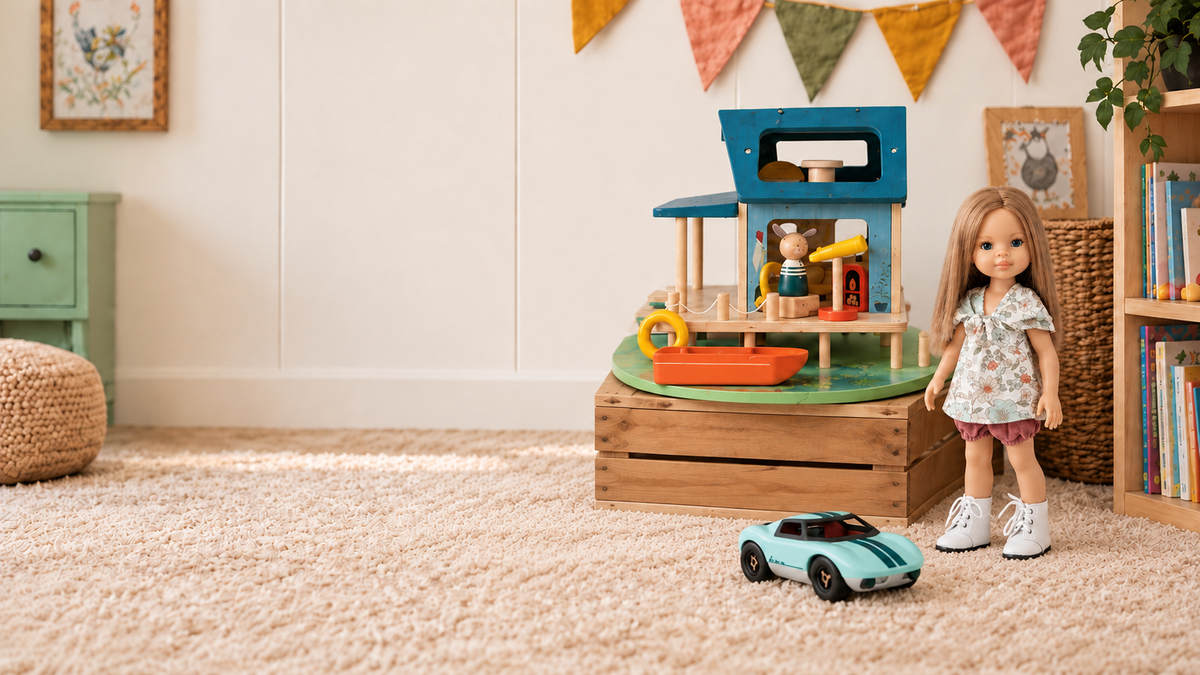 A doll standing in a styled children's room next to a wooden toy workshop playset on a crate, with a small toy car in front. The room has a beige carpet, a green side cabinet, and colorful bunting on the wall.