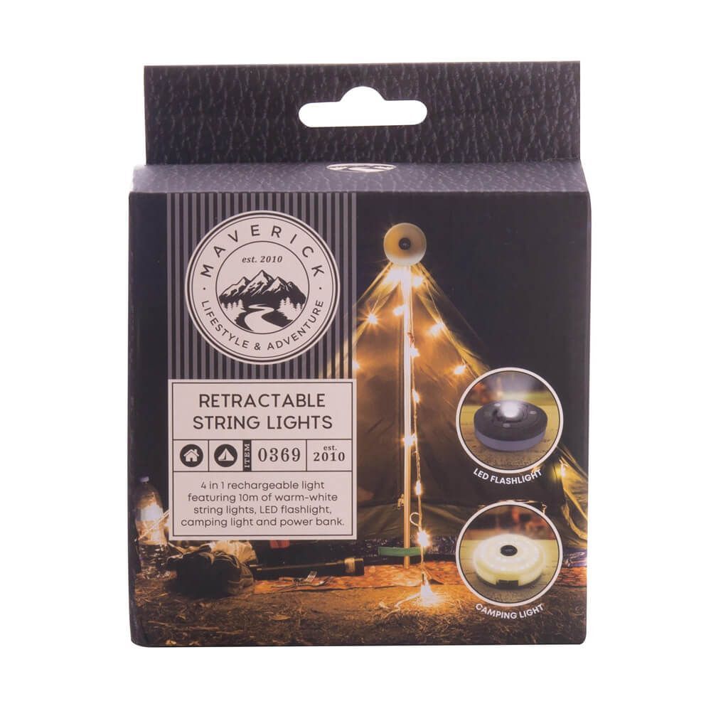 Packaging for Retractable Fairy Lights featuring product image and details such as '10 meters', 'warm white', '3 settings', and 'USFC rechargeable'.