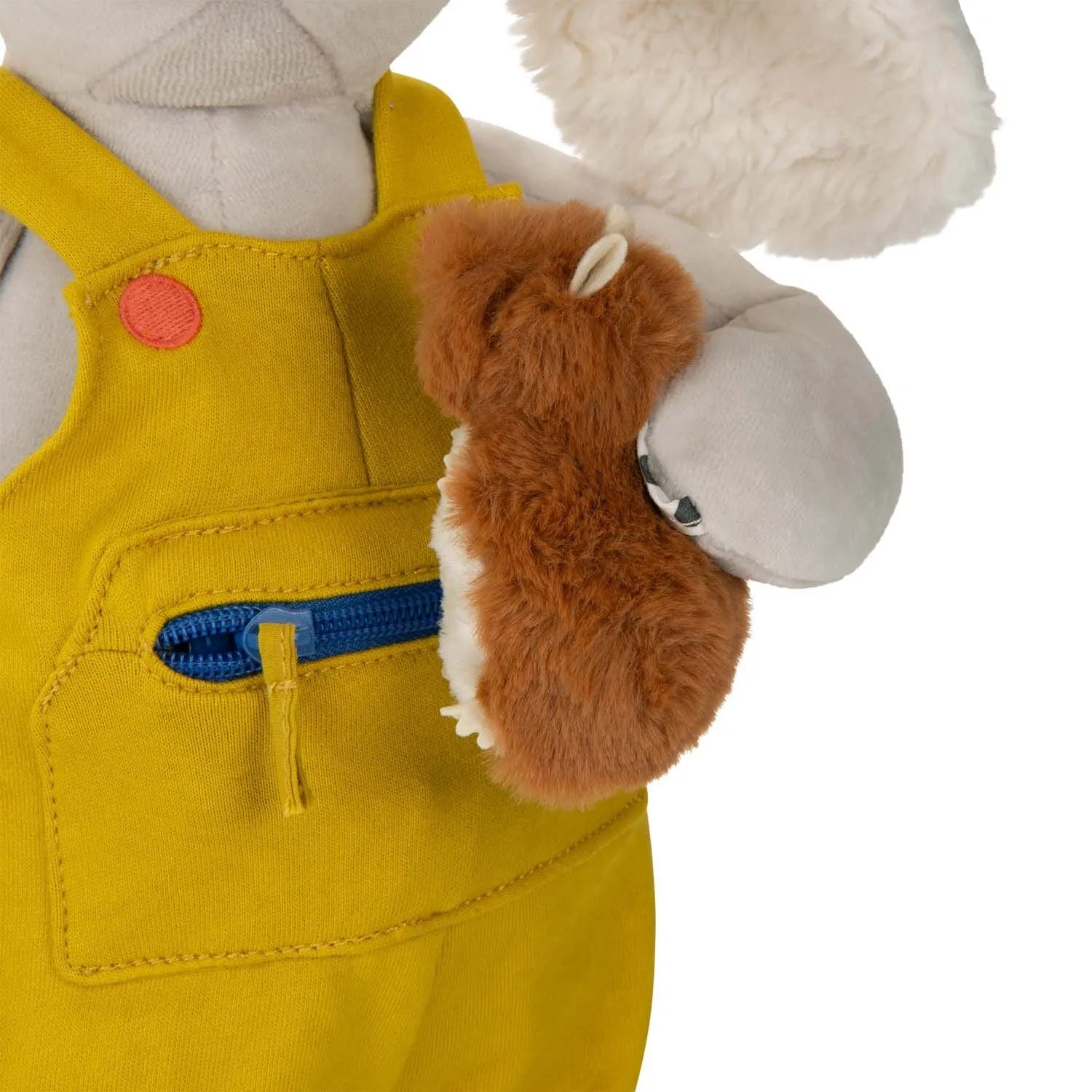 Small brown hamster plush being held by another plush toy wearing yellow