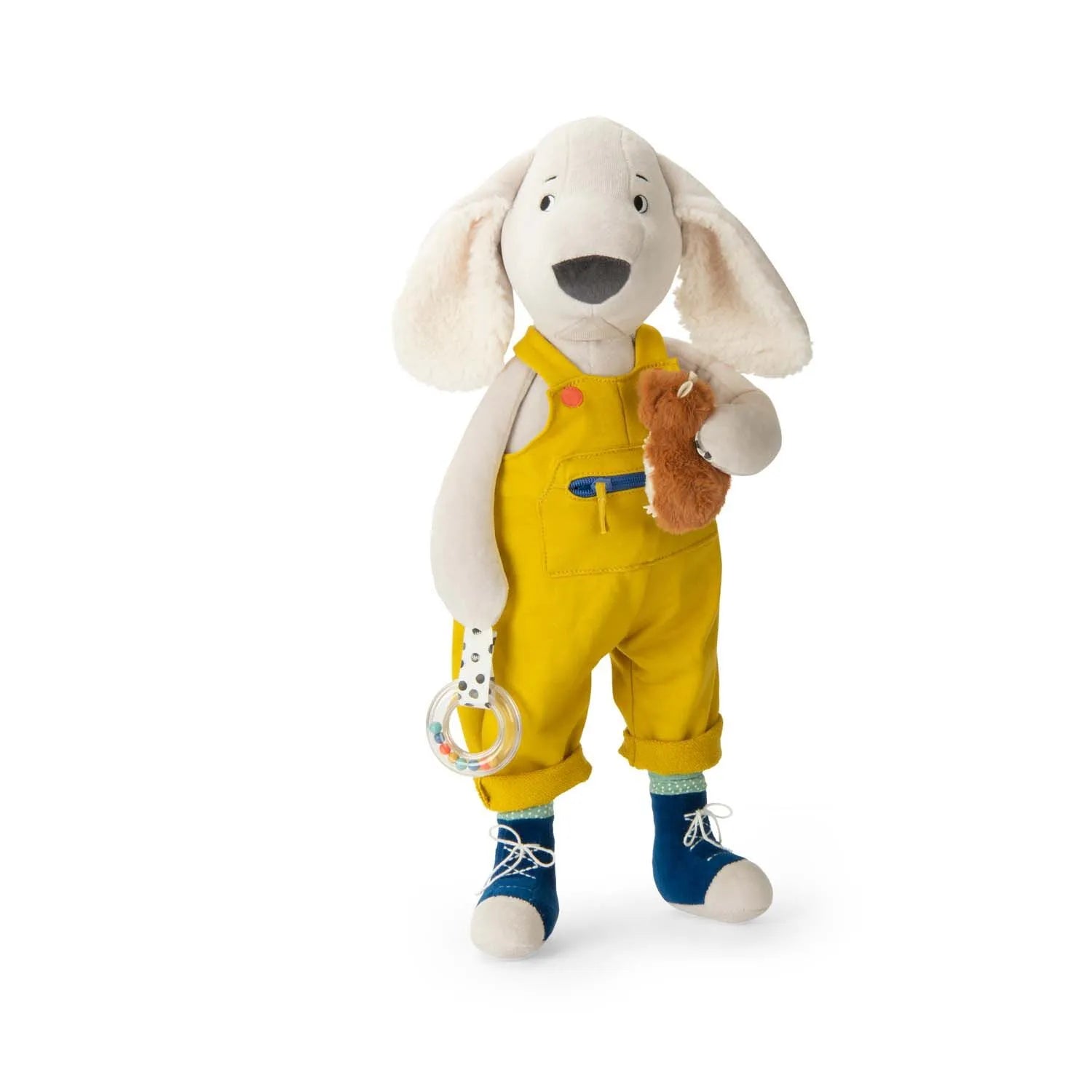 Dog soft toy with floppy cream ears, blue sneakers and yellow overalls, holding a ring rattle and small hamster plush