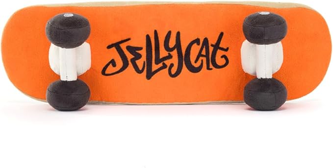 Underside of Jellycat Amuseables Skateoard soft toy, featuring orange base, black wheely and the word ellycat written in lage black font.