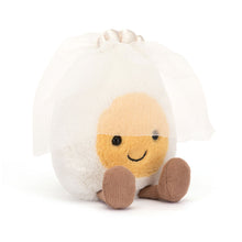 Jellycat egg yoke soft toy, smiling face, wearing bridal veil