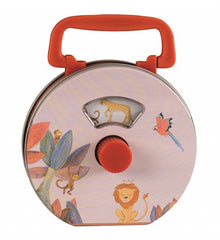 Childs retro styled wind-up tin radio with animal illustrations, red plastic carry handle and red wind-up knob.