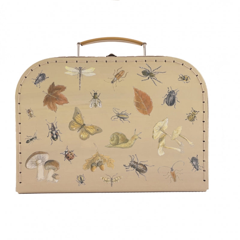 Beige suitcase with nature-themed design featuring insects and leaves on a white background