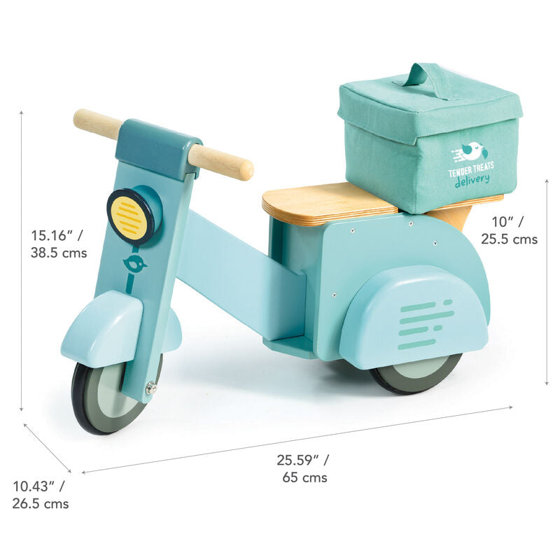 Blue wooden Toy scooter with a delivery box, dimensions indicated, on a white background