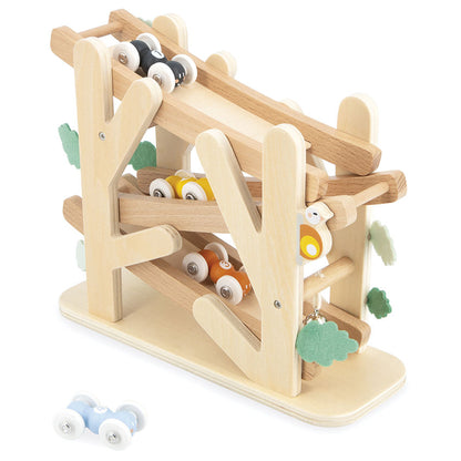 Wooden toy with a run track and small cars on a white background