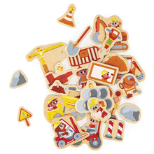 Set of wooden construction-themed toy pieces on a white background