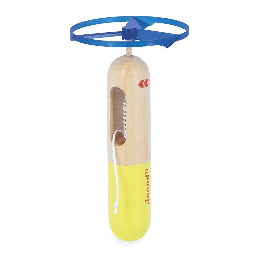 Wooden toy with blue propeller and yellow base on a white background