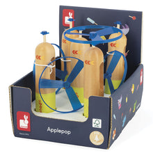 Wooden toy set with blue accents in a display box, featuring the brand 'Applepop'.