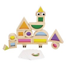 Colorful wooden toy with geometric shapes on a white background