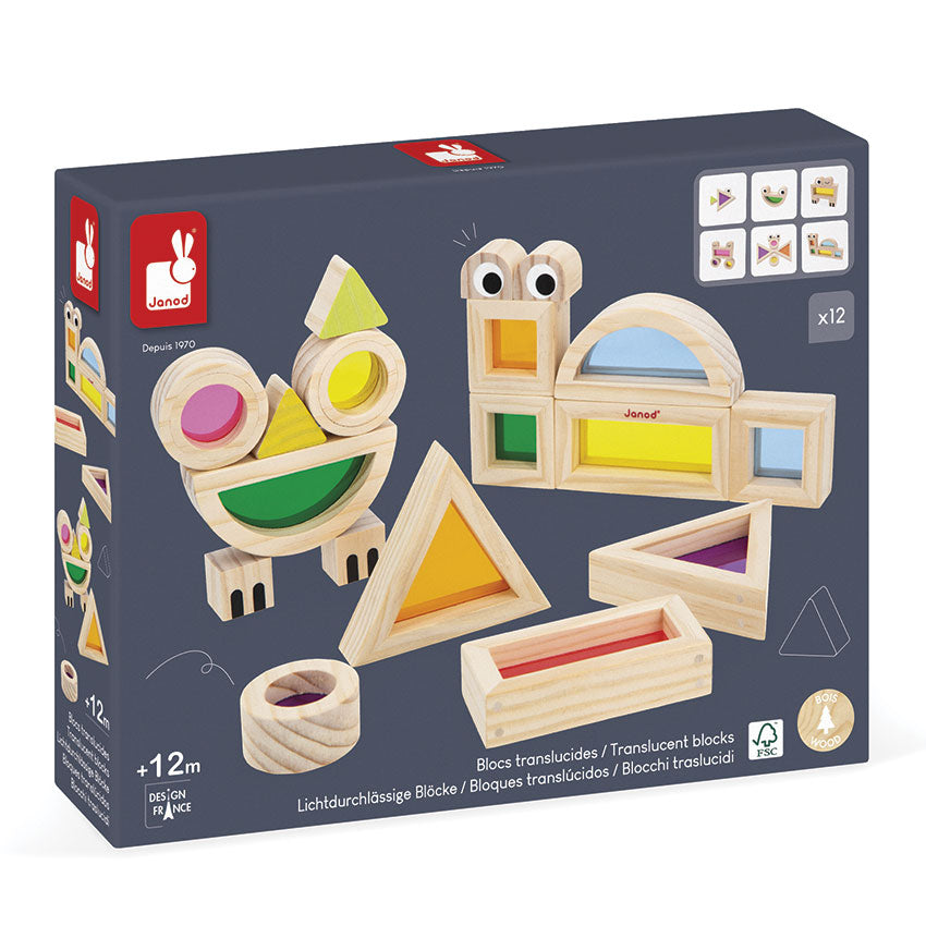 Box of Janod educational toy with translucent blocks on a white background