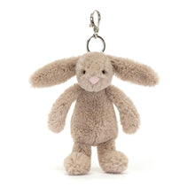Plush Jellycat brand bunny keychain on a white background