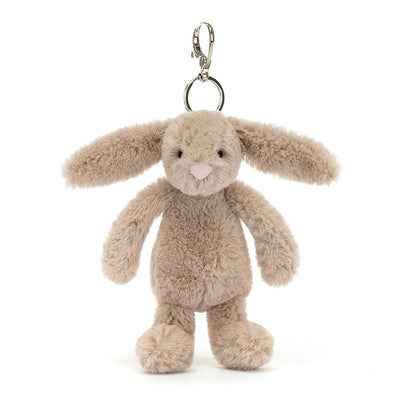 Plush Jellycat brand bunny keychain on a white background